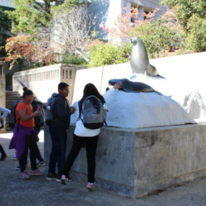 Student picture near statue